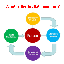 A chart depicting what the toolkit is based on, including:  an inventory of CCIs, a review of the literature, structured discussions, a forum, and draft guidelines